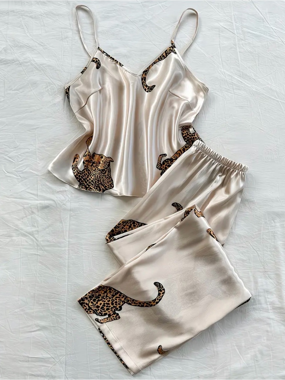 Silky Leopard Print Cami & Pants Pajama Set - Cream